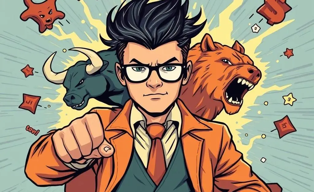 Illustration of a trader and the idea of superpowers with financial symbols