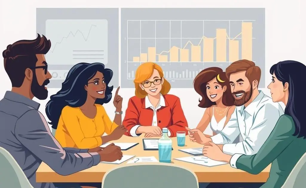 Illustration of a diverse team in a meeting, engaging in a lively discussion with financial charts in the background.