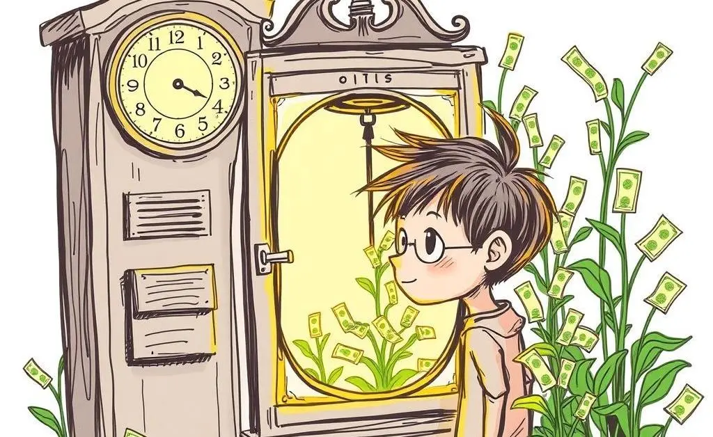 A person looking into a time machine with money growing behind it.