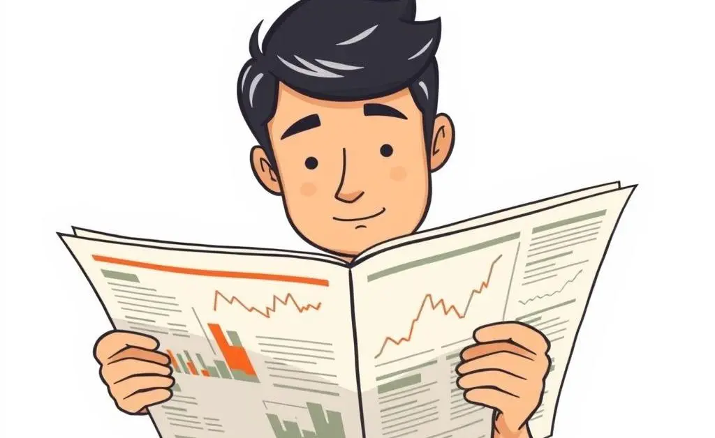 Person reading financial newspaper with graphs