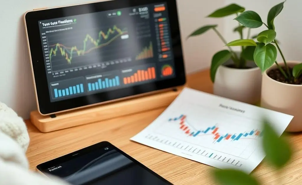 A cozy workspace with a tablet, financial charts, and a plant.