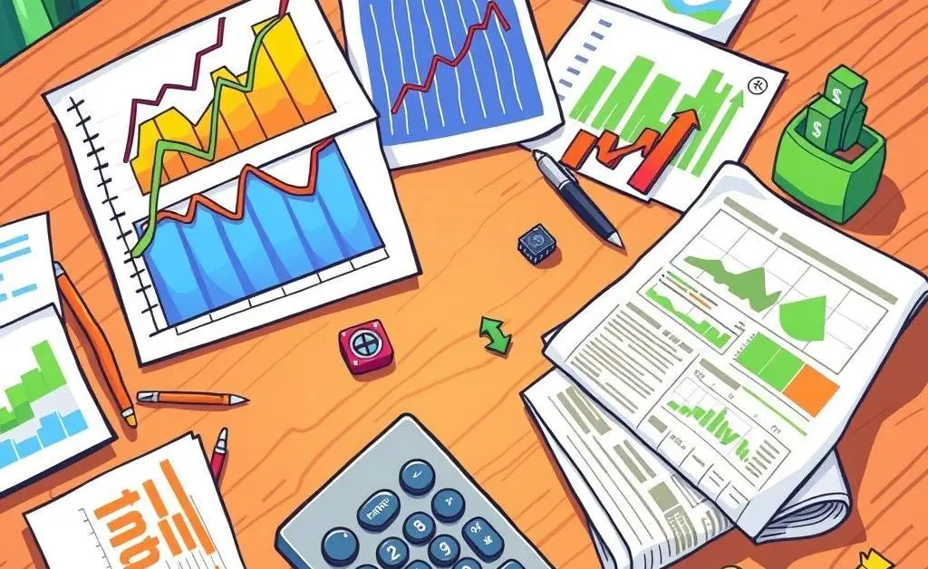 Investment tools such as charts and calculators on a table.