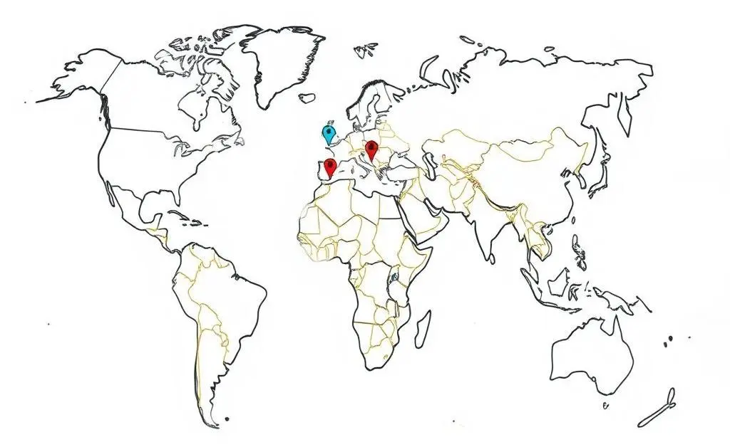 A hand-drawn world map with markers indicating different types of investments in each region.