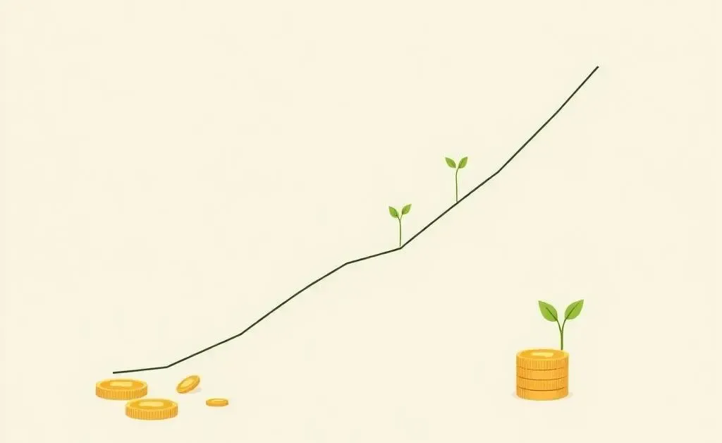 Line graph showing upward growth, with coins and plant sprouts symbolizing investments.