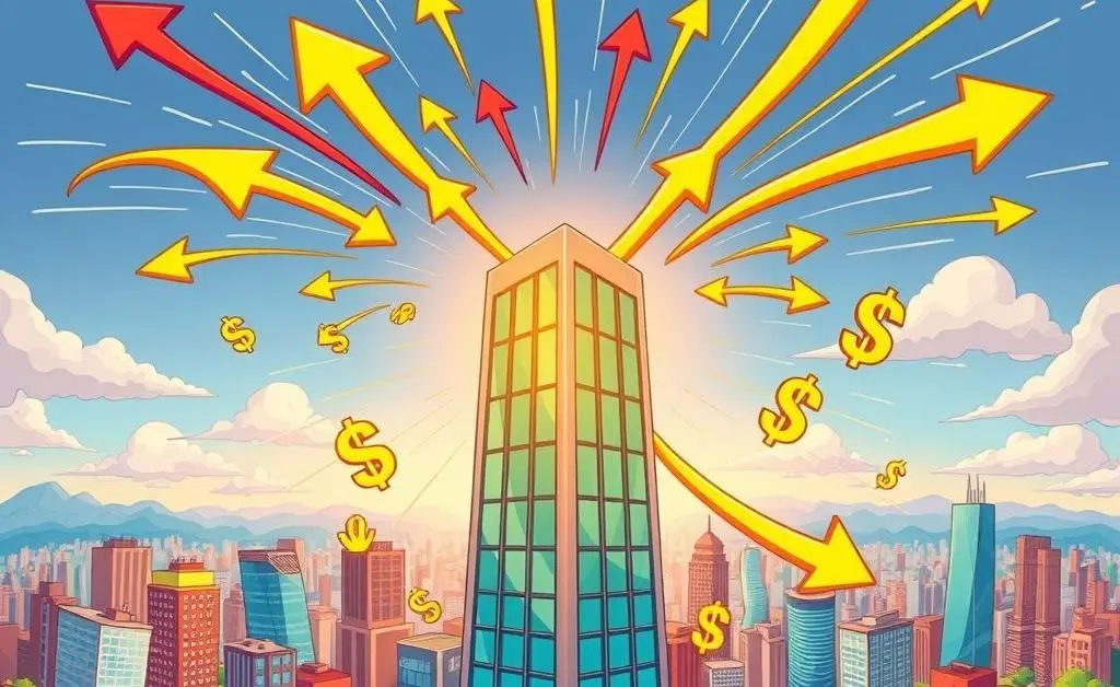 Corporate building with investment symbols in a network.