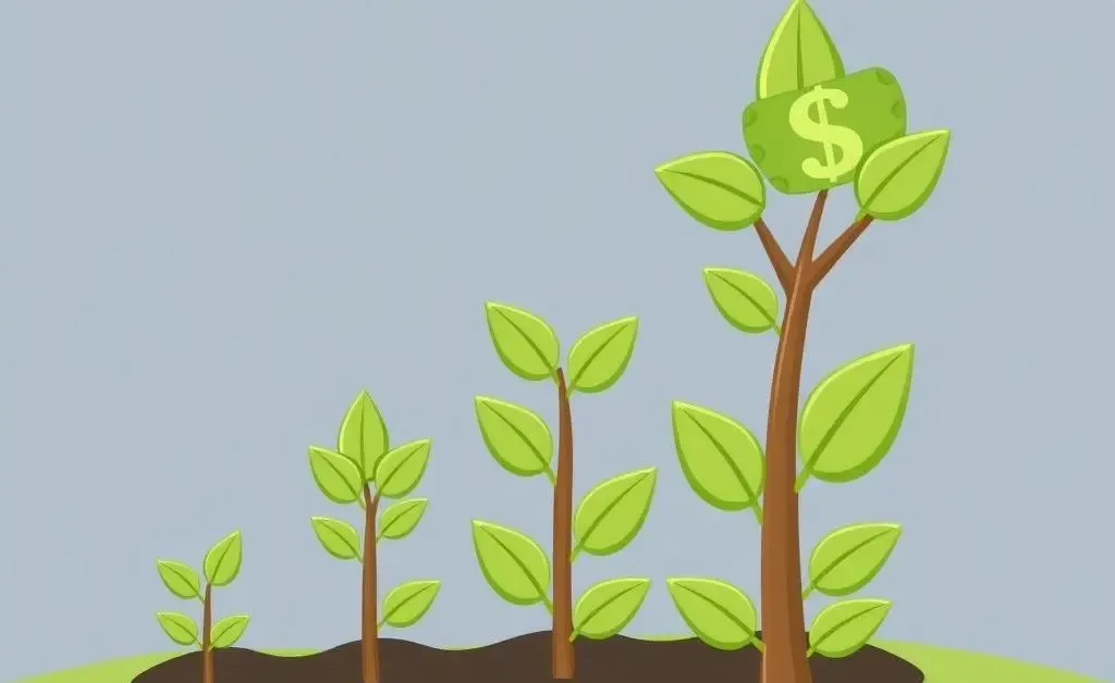 A cartoon-style image of seedlings growing into money trees, symbolizing investments growing over time.