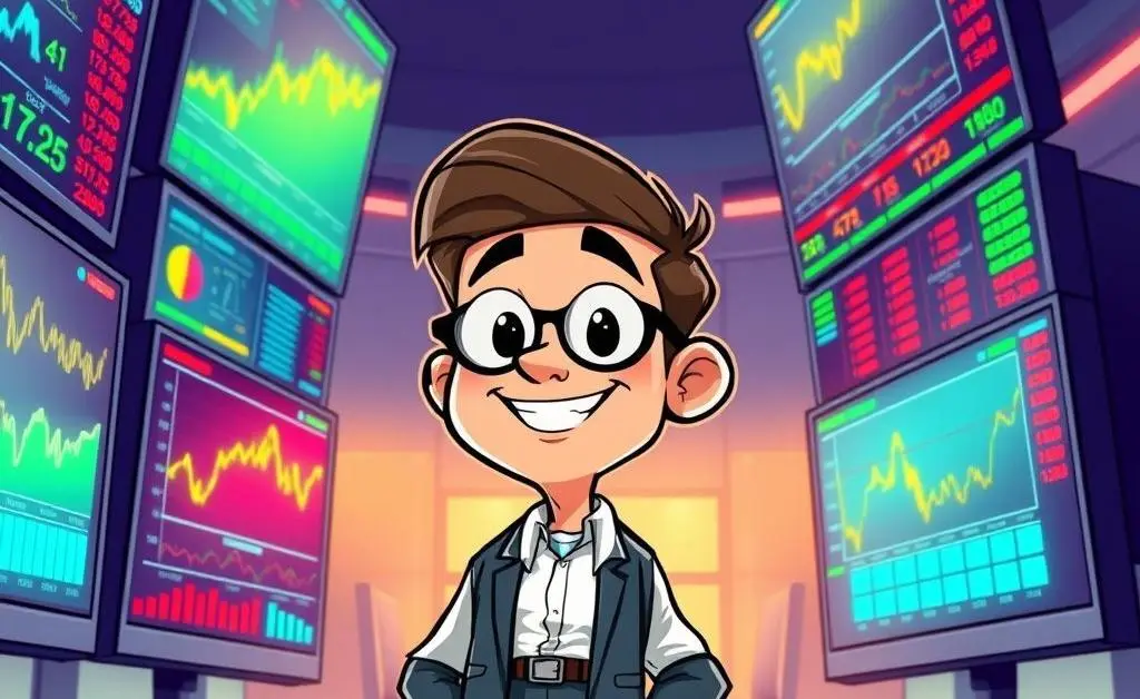 Investor analyzing stock market data on large screens