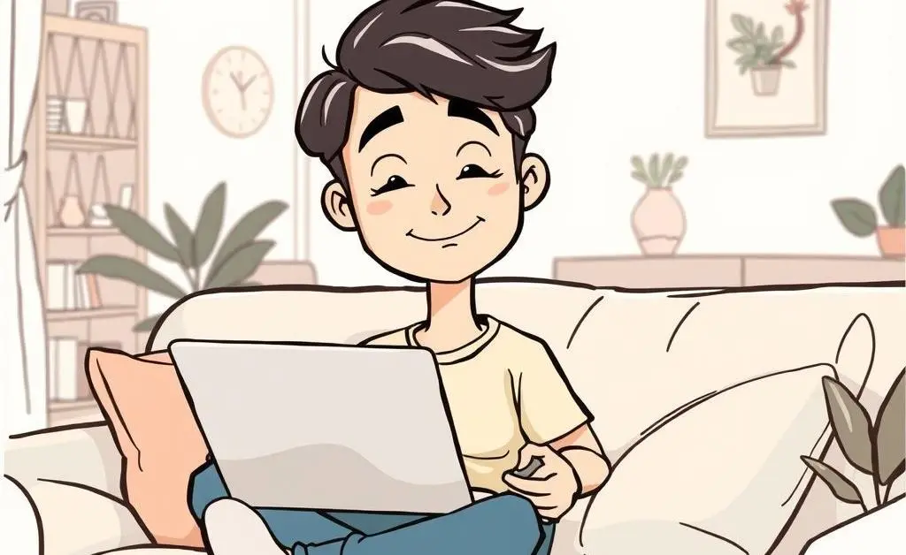 Cartoon-style sketch of a person at home, sitting on a couch with a laptop open, looking content.