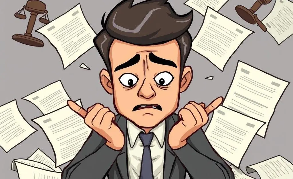 An anxious investor surrounded by paperwork signifies the worries over legal settlements.