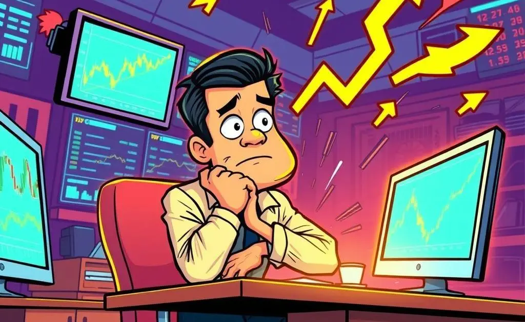 A cartoon investor pondering over stock charts at a desk