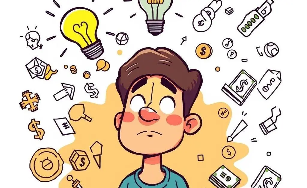 A person brainstorming with investment ideas depicted as doodles.