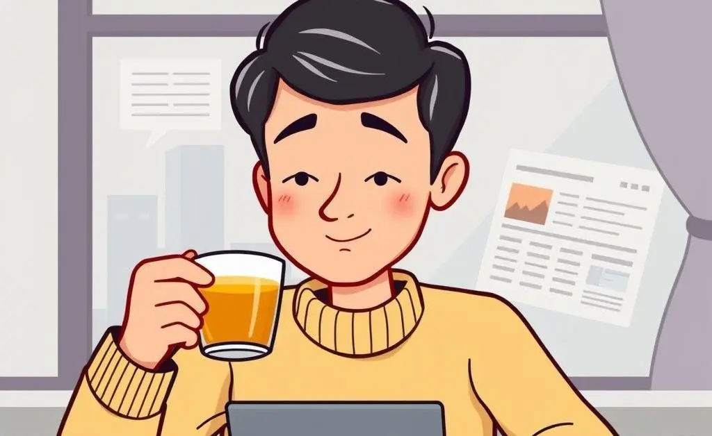Cartoon-style image of a person calmly enjoying a cup of tea while browsing financial news.