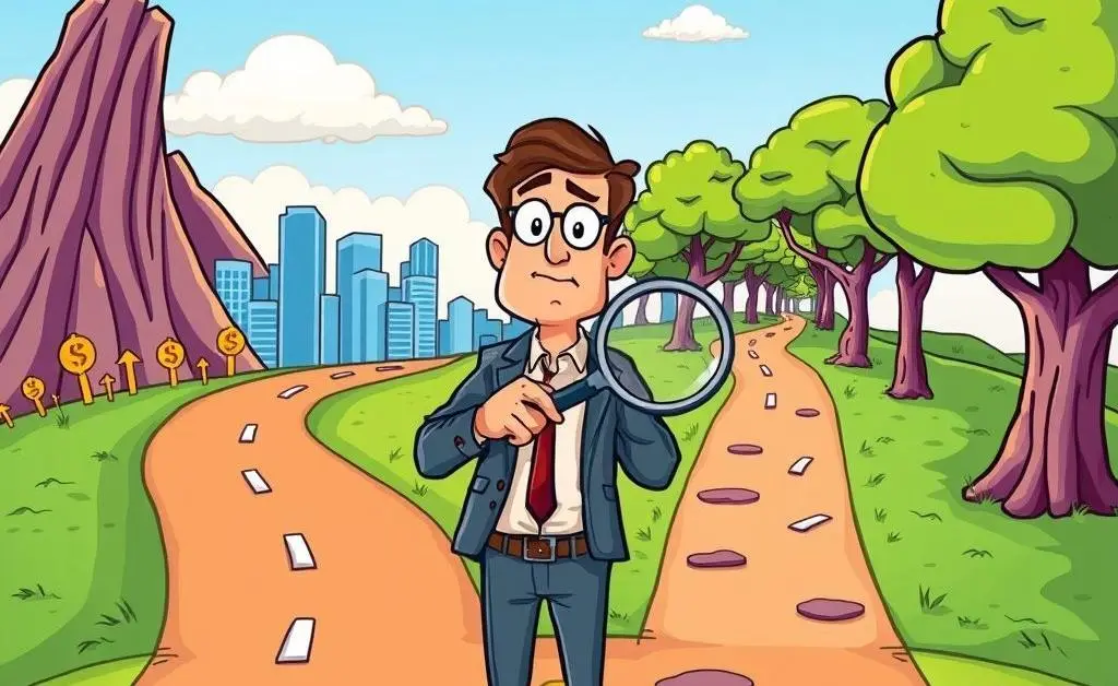 Cartoon-style image of an investor at a crossroads choosing between Roth IRA and 401(k)