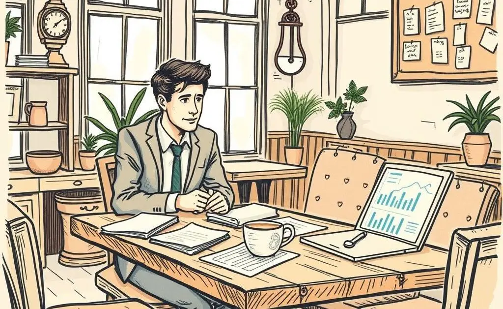 Hand-drawn aesthetic of an investor reviewing tax guidelines in a cozy cafe environment.