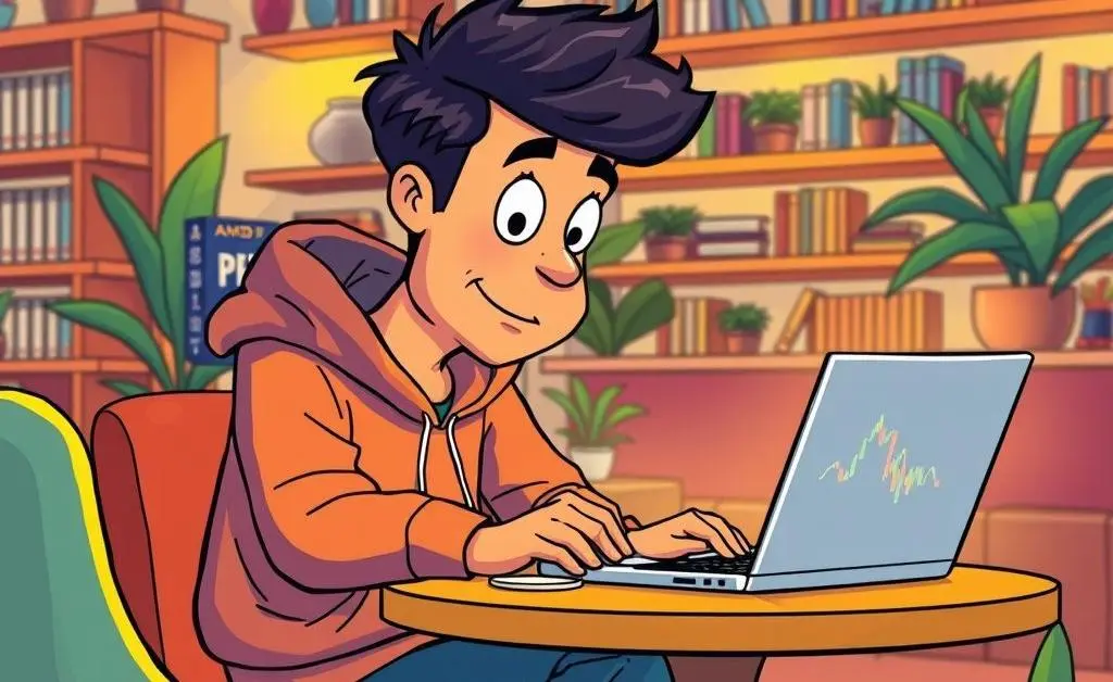 Cartoon image of an investor sitting at a coffee table with a laptop showing AMD stock trends.
