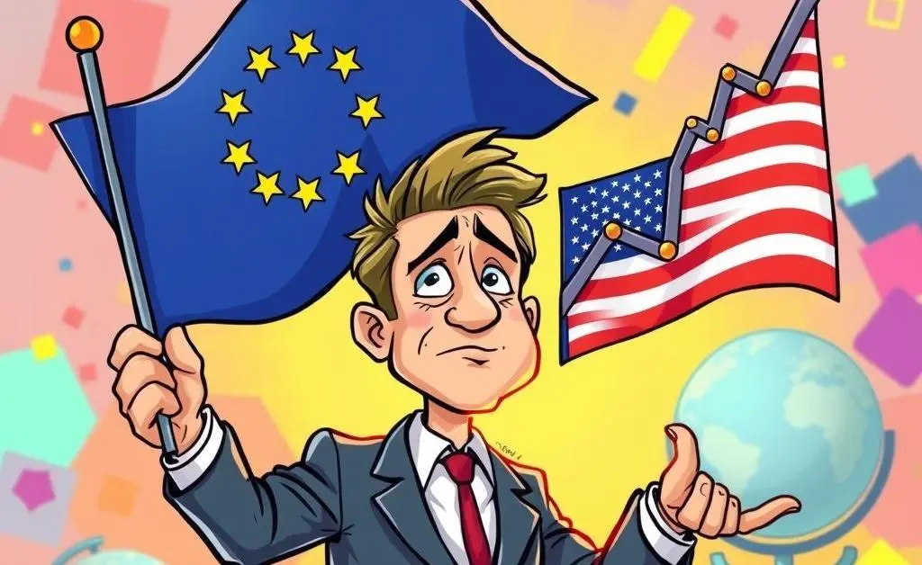 A cartoon image of a confused investor balancing a European flag and an American stock chart.