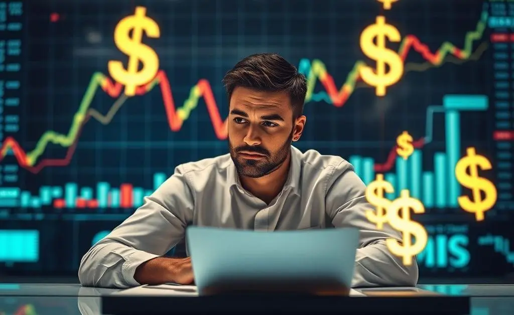 An investor deep in thought, surrounded by graphs and dollar signs.