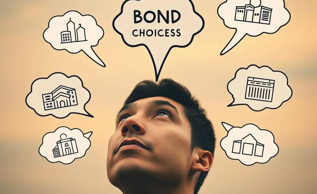 A person daydreaming with thought bubbles of different bond options