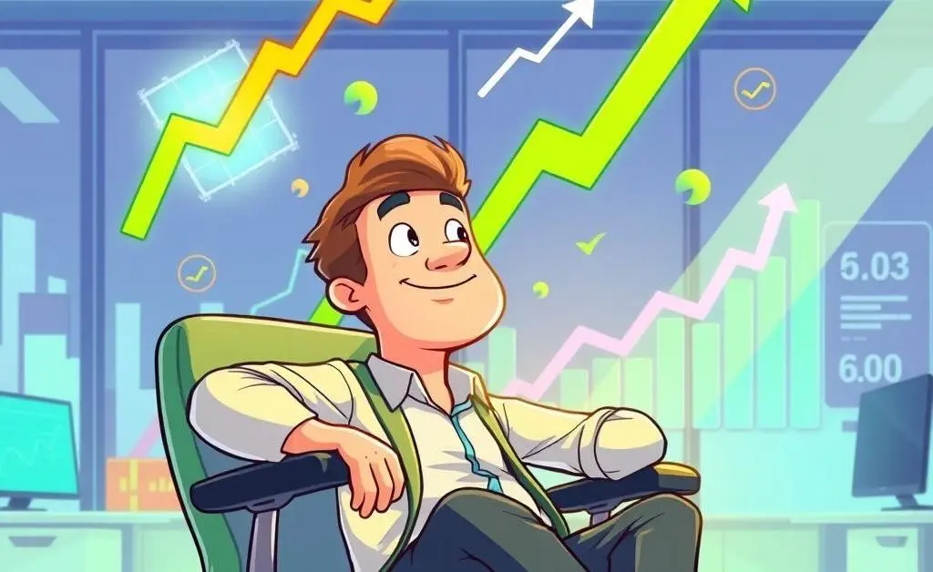 Cartoon-style investor sitting in a chair, daydreaming with upward trending graphs and stock symbols.
