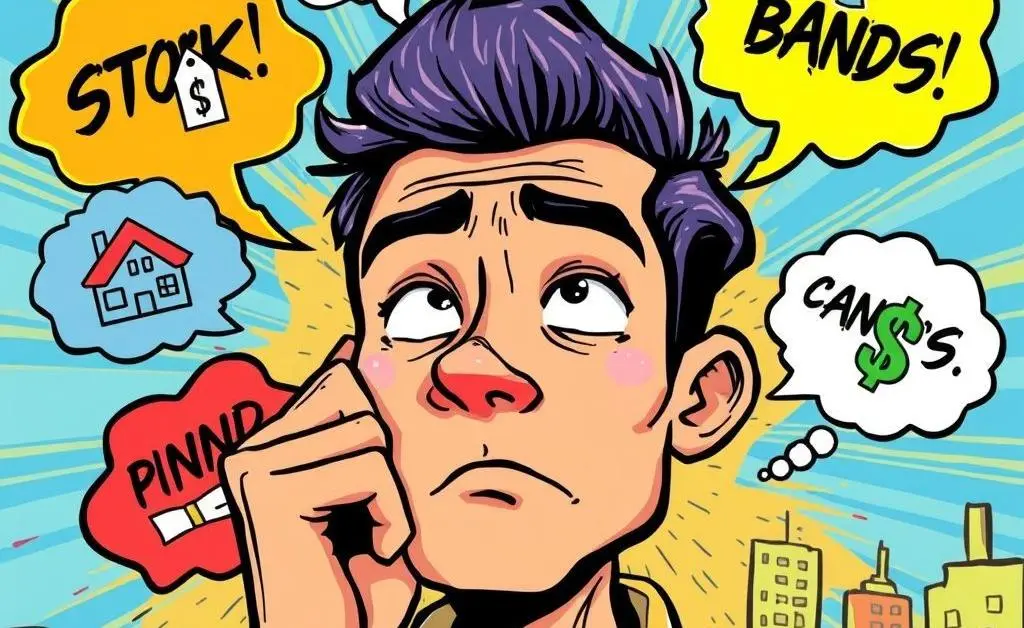 A cartoon-style depiction of a person contemplating different investment choices with thought bubbles.