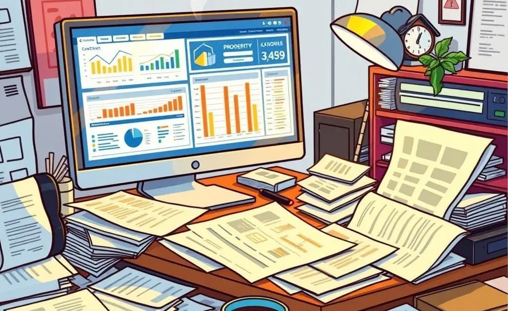 A cluttered desk with real estate documents