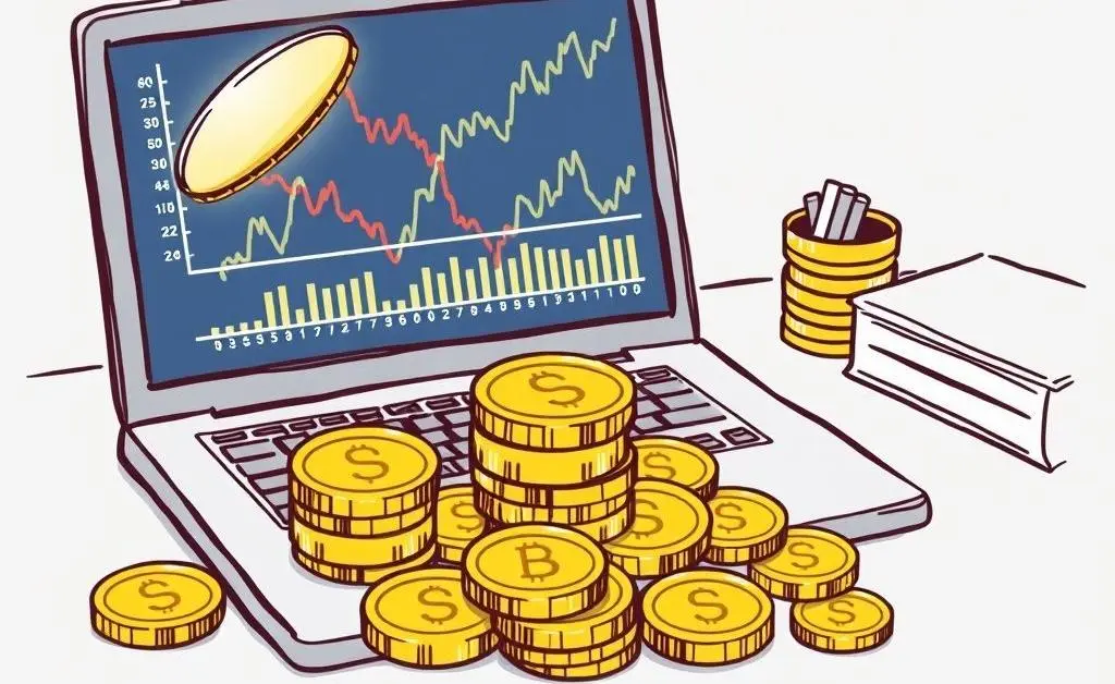 A desk setup for an investor with gold coins and a laptop showing stock charts.