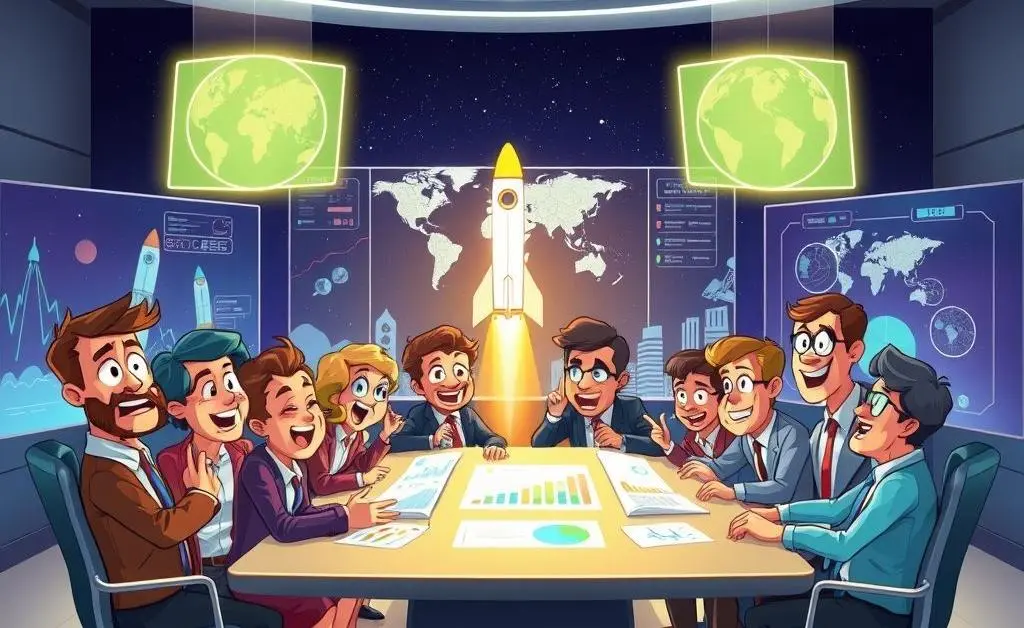 A group of cartoon investors discussing around a table with space and technology charts.