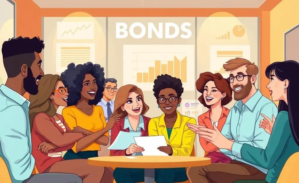 Group of diverse investors in an animated, conversational setting discussing bonds