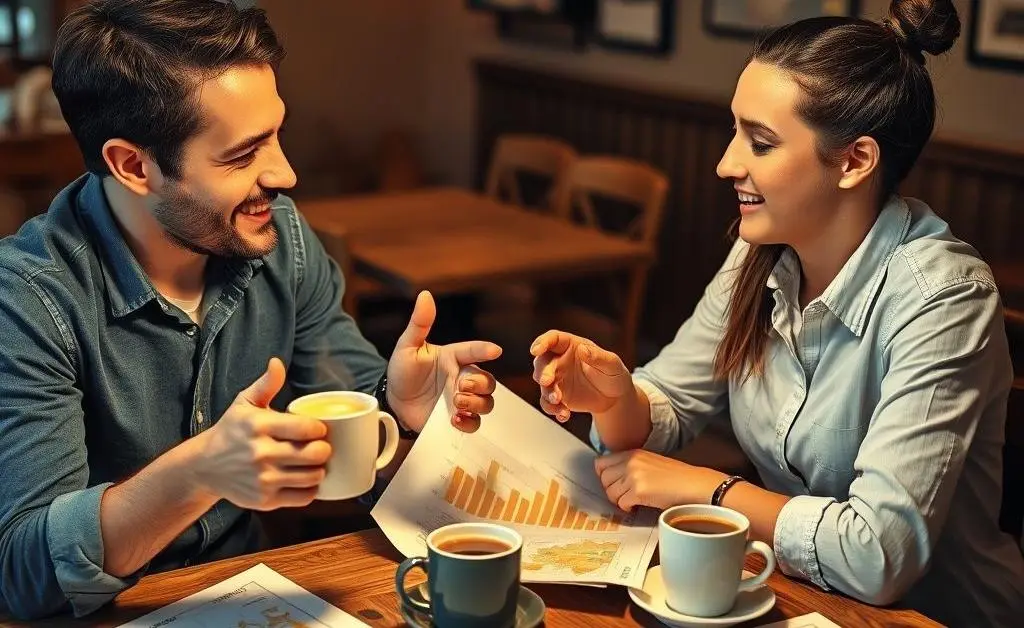 Two friends having a lively discussion about gold investments.