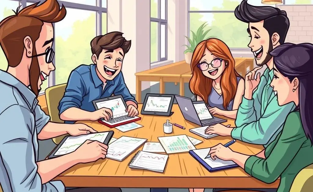 Friends discussing stocks around a table