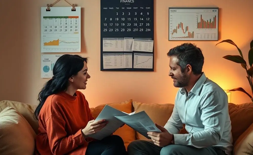 Two people discussing financial notes surrounded by a calendar and graphs.