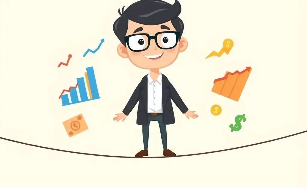 Cartoon of an investor balancing different types of stocks