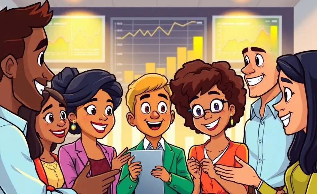 Cartoon of diverse group of people discussing investment with charts in the background.