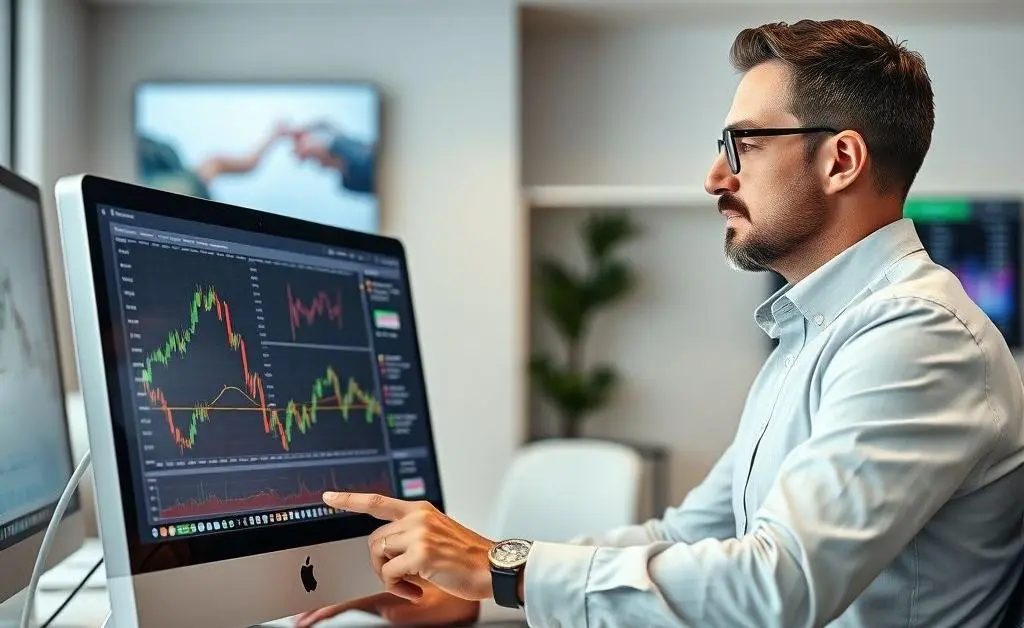 An investor thoughtfully examining financial charts and data in an office