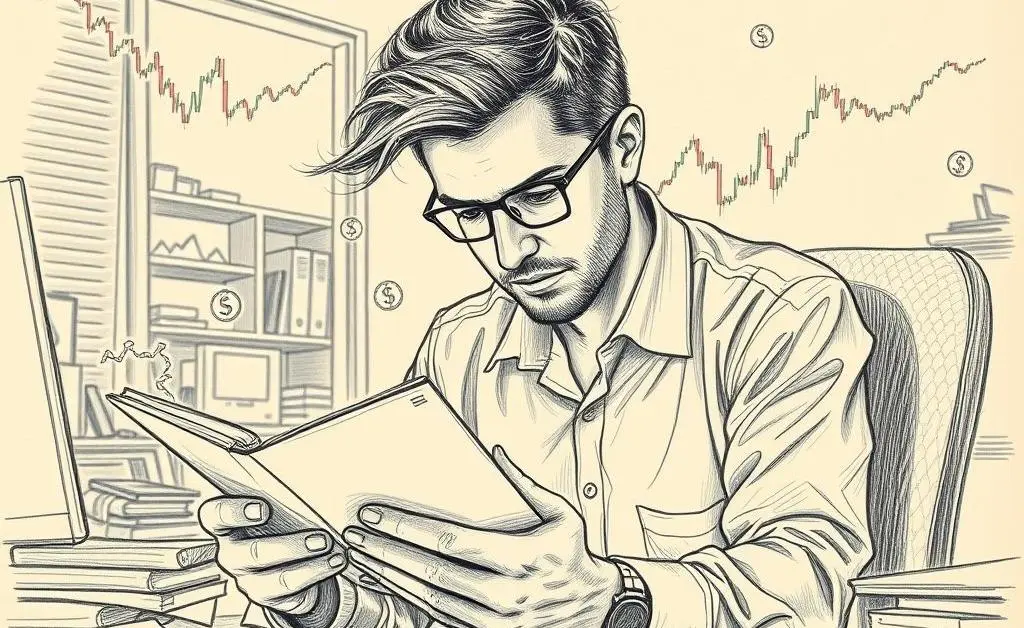 An investor surrounded by stock symbols