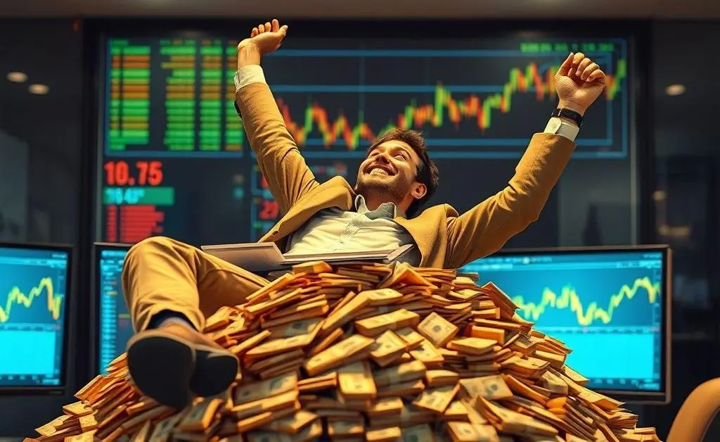 An investor joyfully laying on a pile of cash enjoying investment success