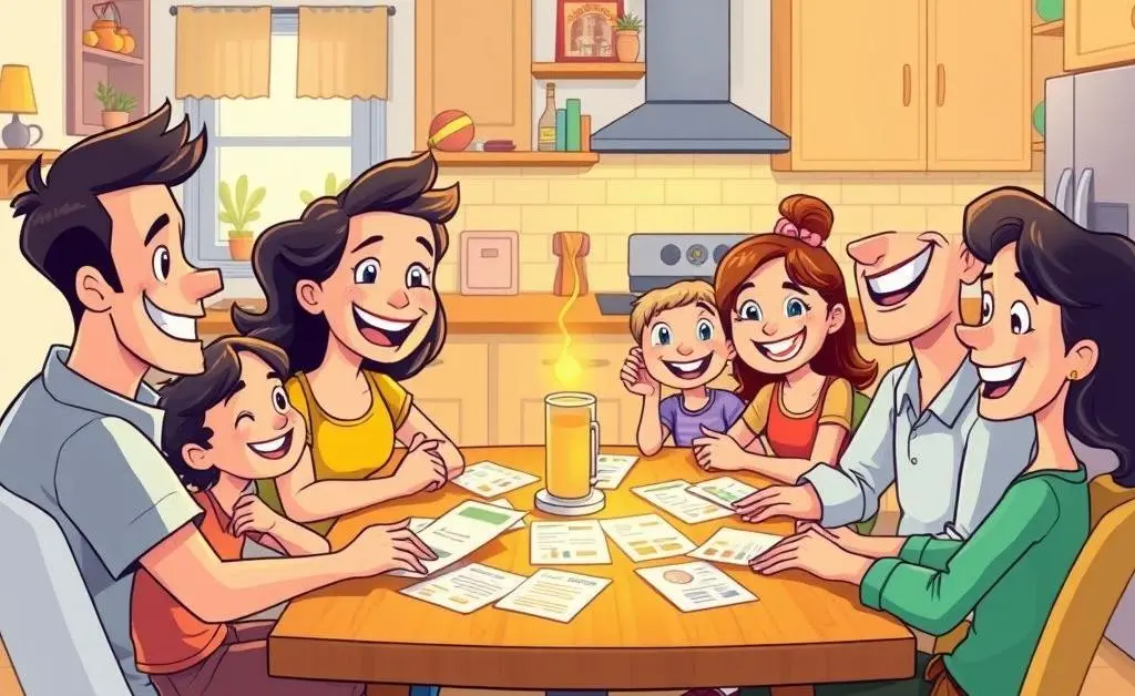 Cartoon-style image of a family discussing their home budget at a kitchen table, with interest rate documents present.