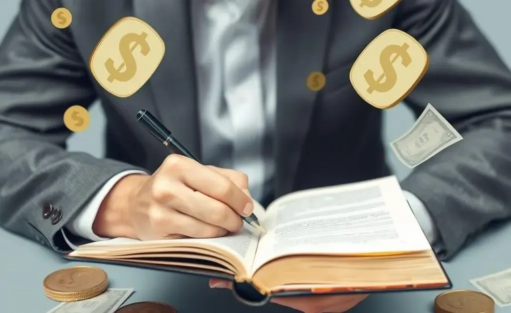 An investor writing notes in a journal, surrounded by currency symbols, demonstrating the planning aspect of investment.