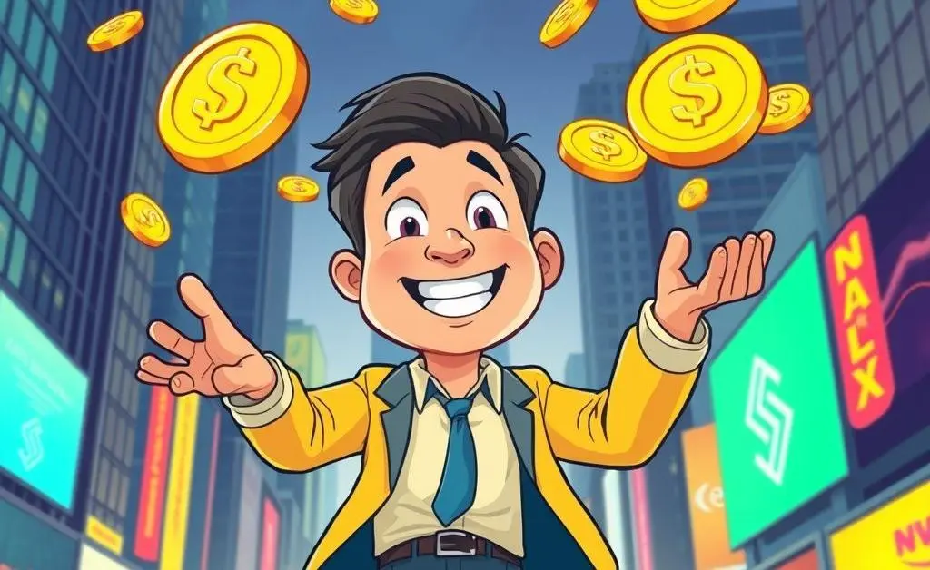 Cartoon-style image of an investor juggling dividend coins.