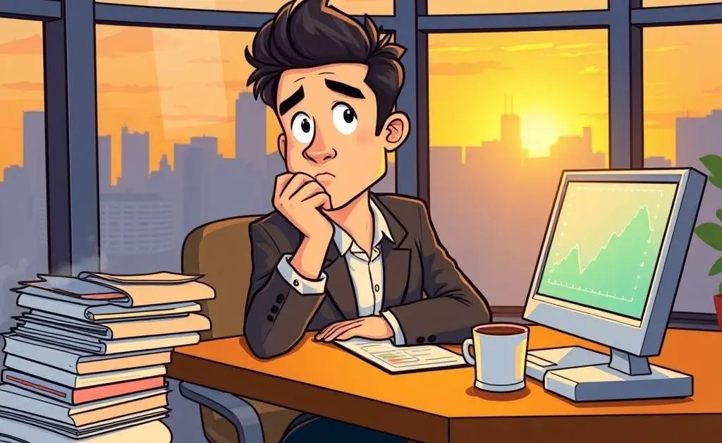 Investor deep in thought at a desk with coffee