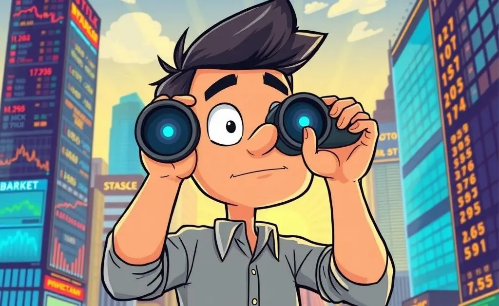 Image of an investor peering through binoculars at a distant stock market
