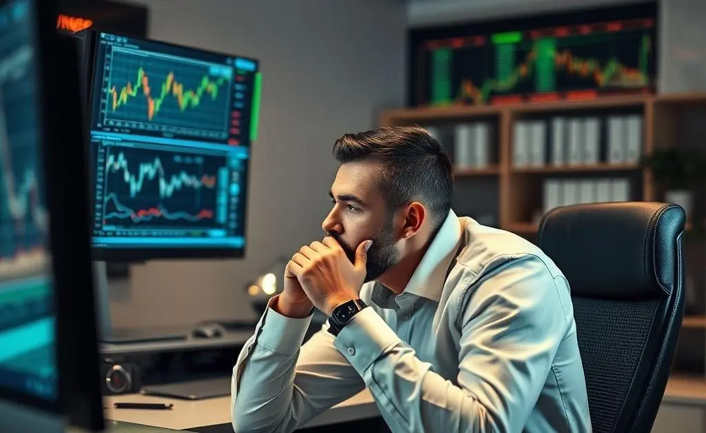 Investor pondering stock transactions with a thoughtful expression