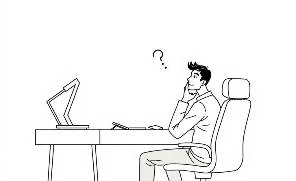 A minimalist drawing of an investor sitting at a desk with a confused expression, pondering an investment decision.
