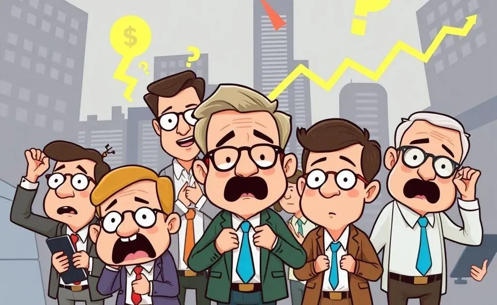 Cartoon-style image of diverse investors reacting to stock market changes