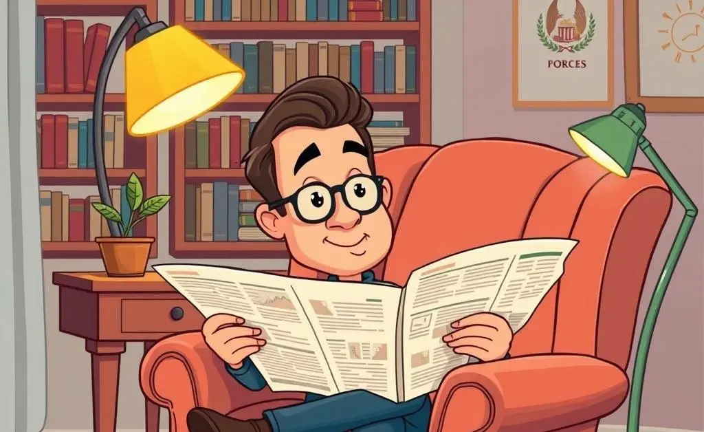 Cartoon of an investor sitting in a cozy chair, reading financial news.