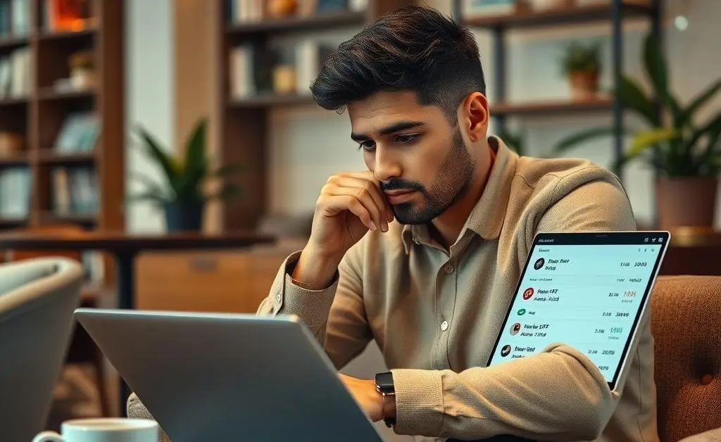 Person contemplating ETF options on a laptop at a coffee table