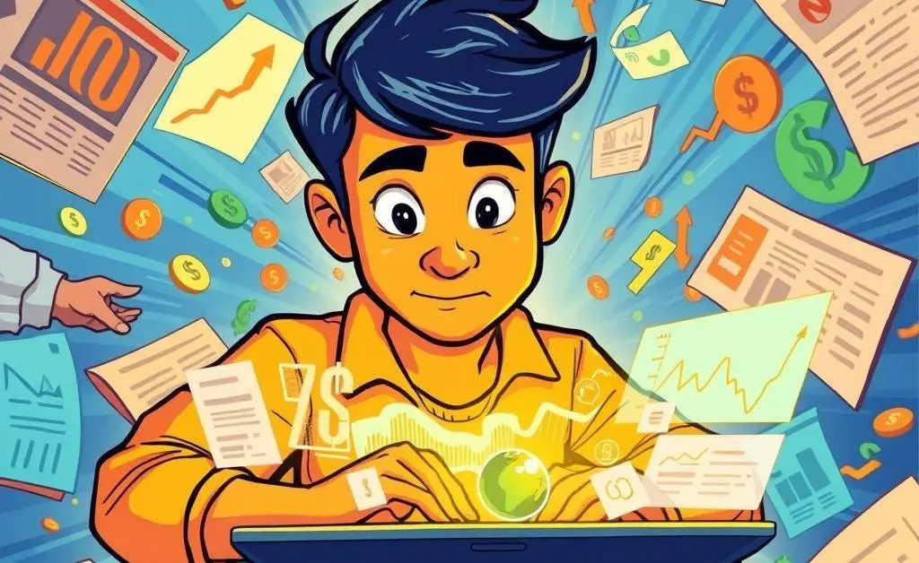 Cartoon-style person at a laptop researching investment options