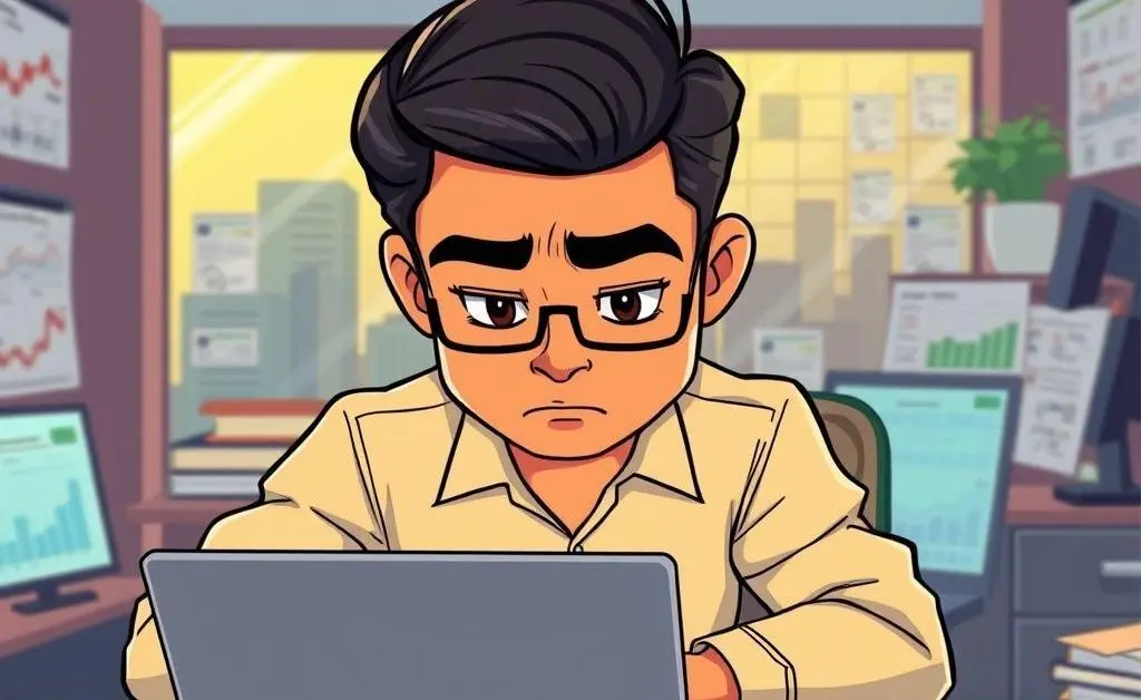 Investor researching at a desk with a laptop