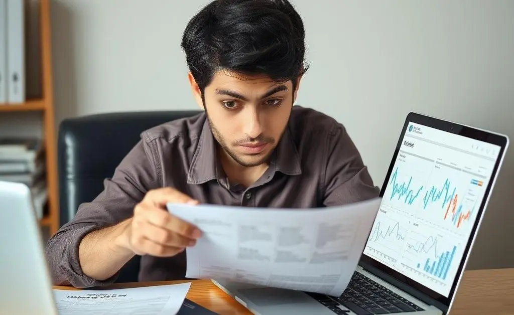 A person sitting at a desk, looking curiously at financial documents, with a laptop open to financial graphs.