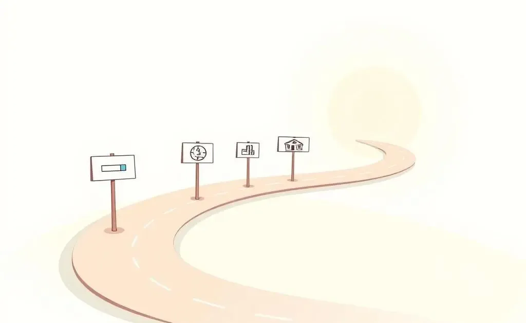 Minimalist cartoon depicting a roadmap to financial growth with signposts for various sectors